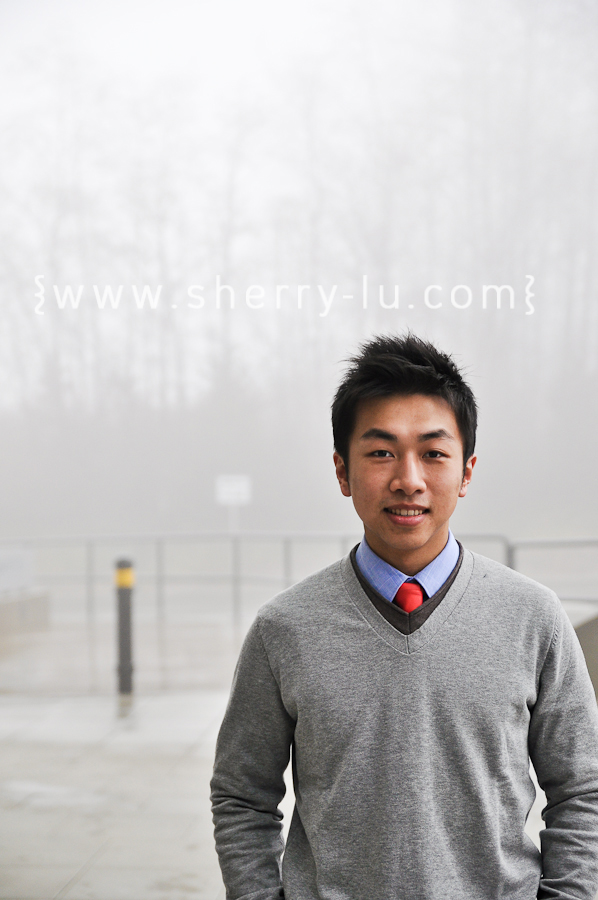 burnaby portrait photographer, photograph of ben lee at SFU on a foggy day